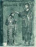 Scheda N. 11374 Palermo - Chiesa della Martorana - Re Ruggero incoronato dal Redentore; mosaico bisantino (Edizioni Brogi)